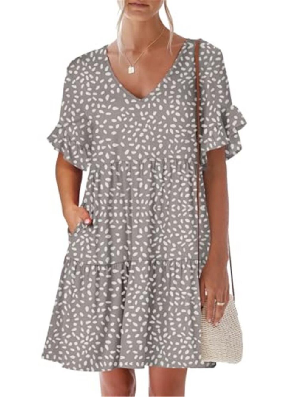 ANRABESS Women Mini Dress V Neck Ruffle Sleeve Tiered Flowy Beach Sundress